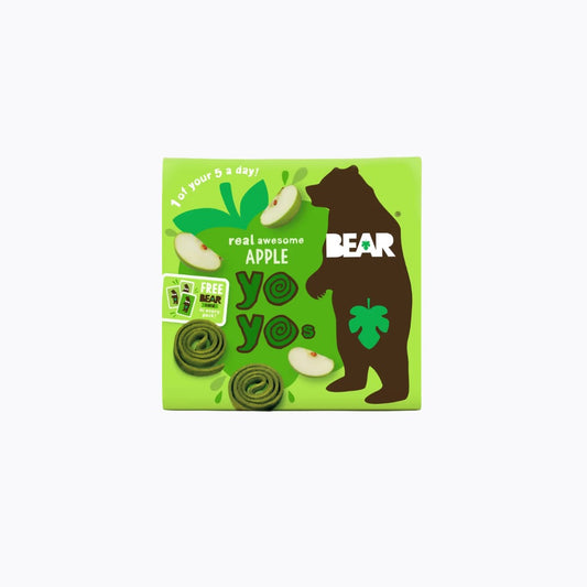 Green packaging of BEAR apple yo-yos with a bear illustration on a white background