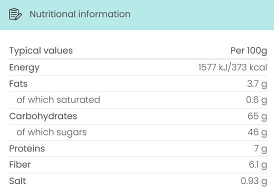 Nutritional information table per 100g with energy, fats, carbohydrates, proteins, fiber, and salt details.