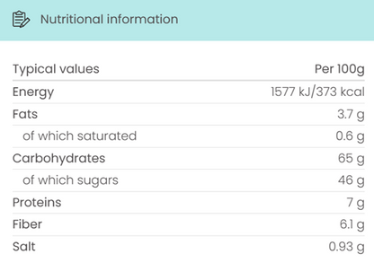 Nutritional information table per 100g with energy, fats, carbohydrates, proteins, fiber, and salt details.
