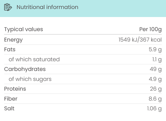 Nutritional information table per 100g on a light blue background