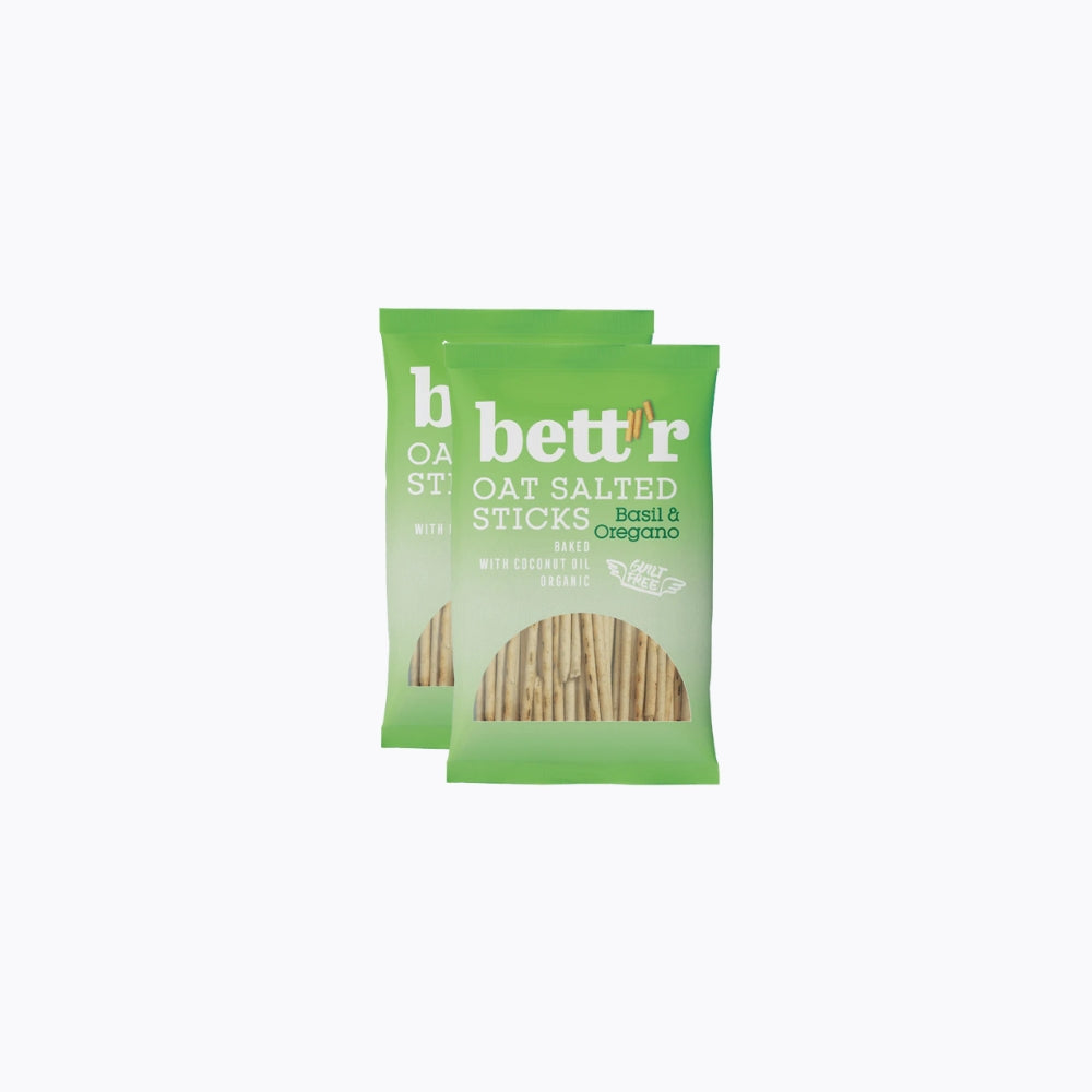Two packages of 'betttr' oat sticks on a white background