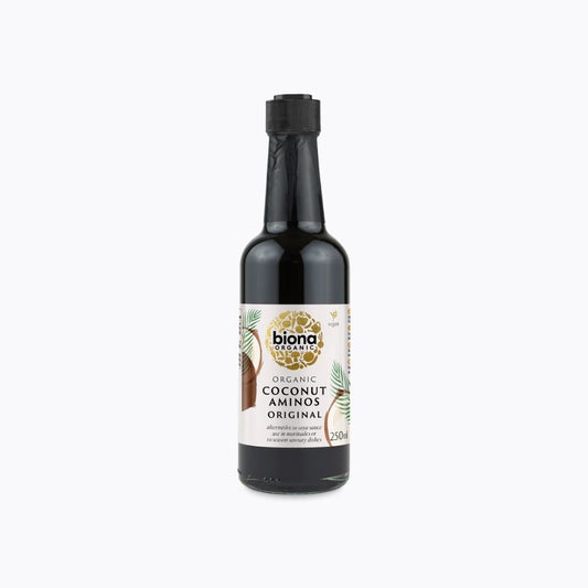 Bottle of biona Organic Coconut Aminos on a white background