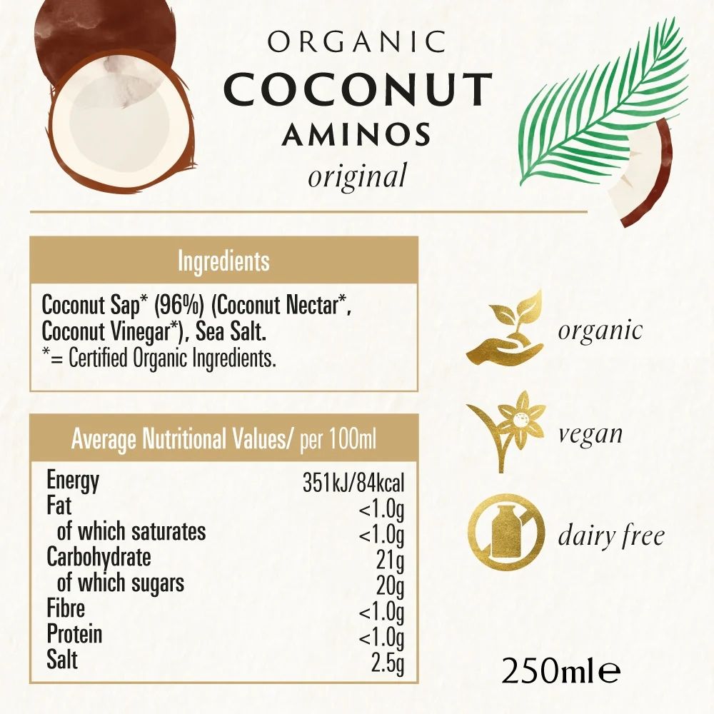 Label for Organic Coconut Aminos with ingredients, nutritional values, and icons.