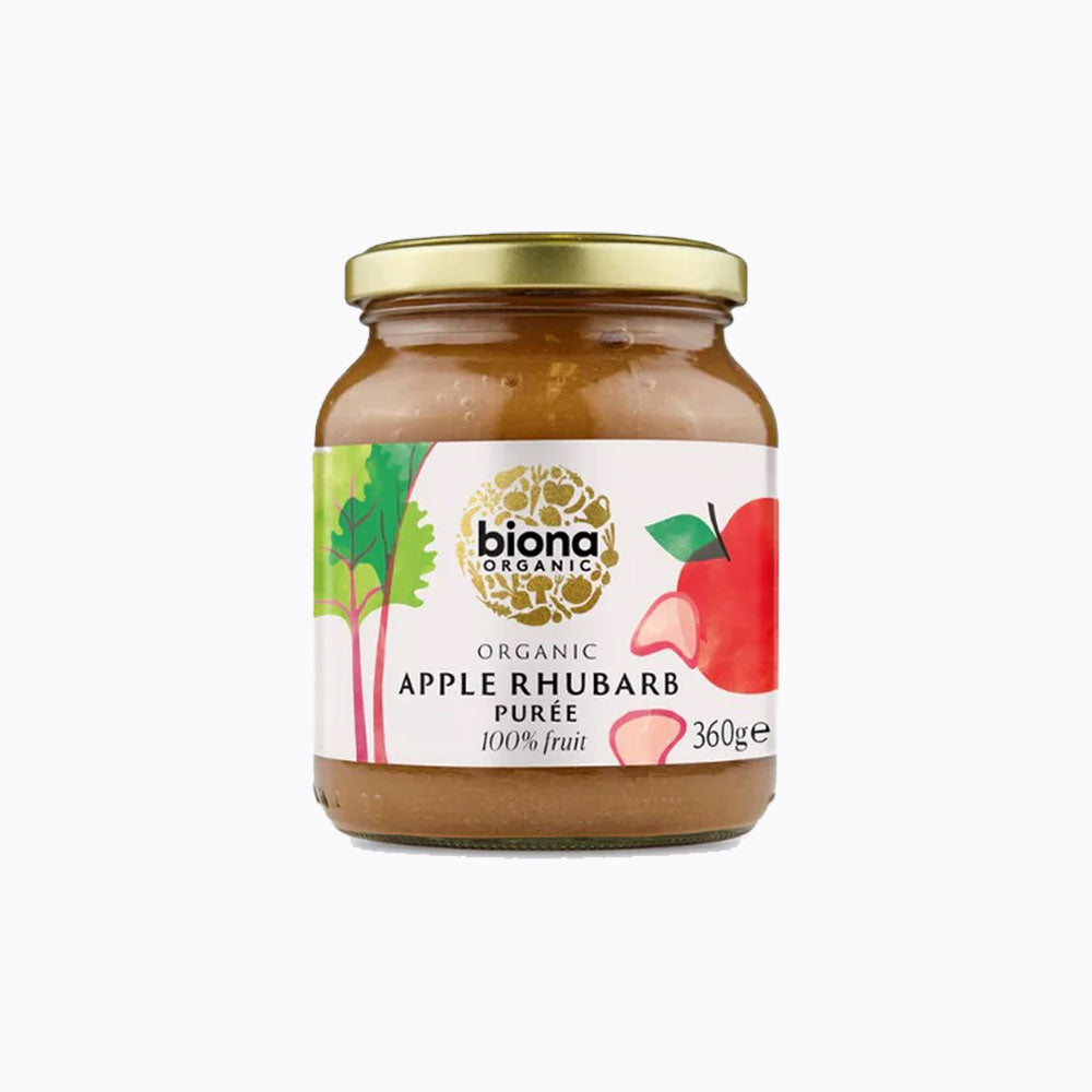 Jar of biona Organic Apple Rhubarb Puree on a white background