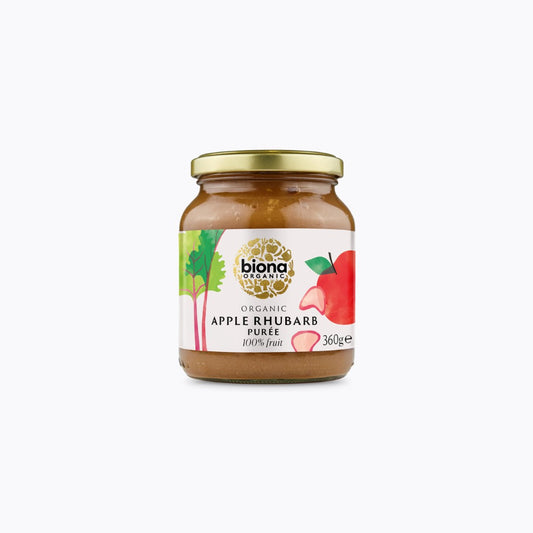 Jar of biona Organic Apple Rhubarb Puree on a white background