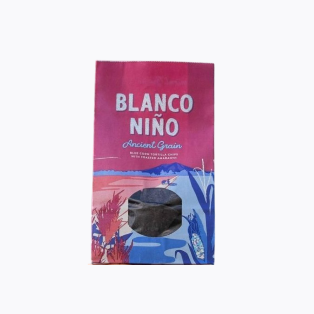 Packaging of 'Blanco Nino' tortilla chips with a colorful design on a white background