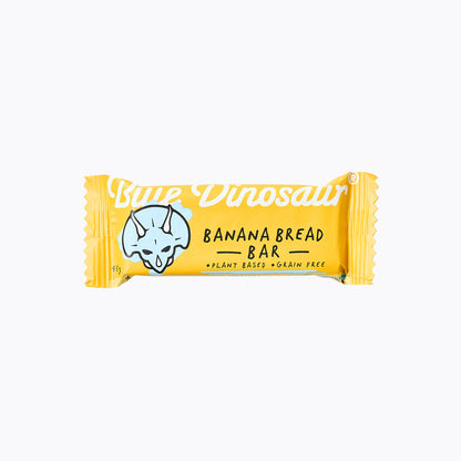 Packaging of Blue Dinosaur Banana Bread Bar which is grain free, plant based, and refined sugar free.