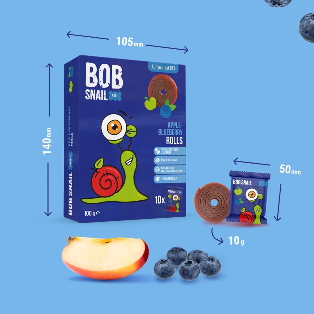 BOB Snail Apple Blueberry Rolls packaging with measurements and ingredients on a blue background