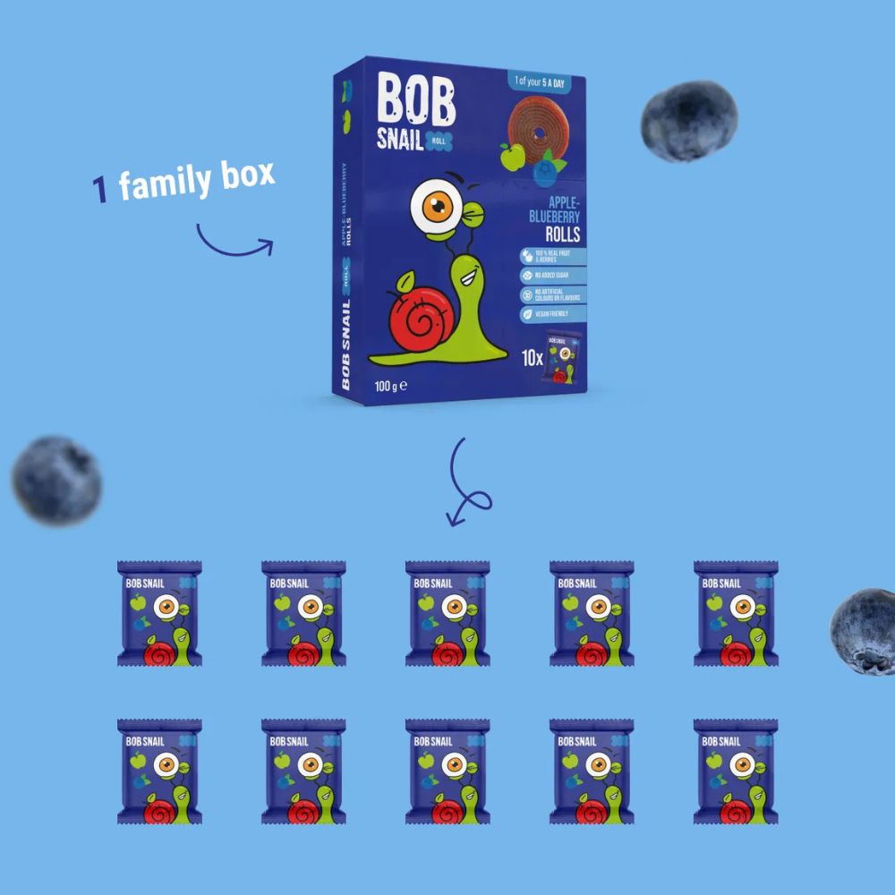BOB Snail packaging on a blue background with text indicating a family box of apple blueberry rolls.