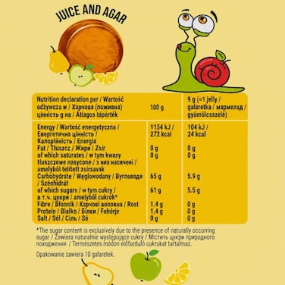 Nutritional label with cartoon snail and fruit illustrations on a yellow background