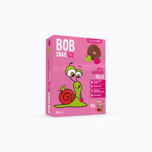 Pink packaging of BOB Snail Rolls with a cartoon snail on a white background