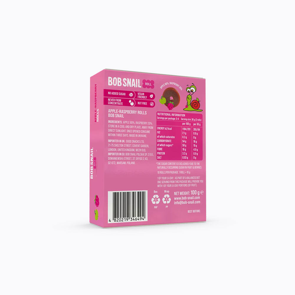 Pink packaging of Bob Snail with nutritional information on a white background