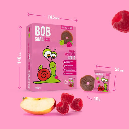 Bob Snail snack package with dimensions and ingredients on a pink background