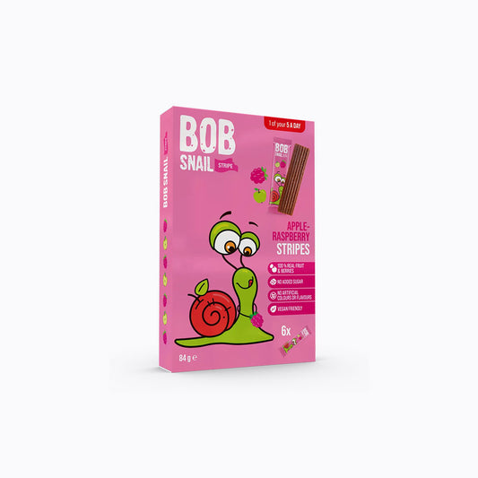 Pink packaging of BOB Snail Apple Raspberry Stripes on a white background