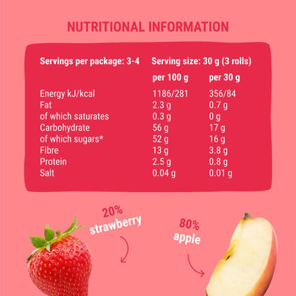 Nutritional information label with strawberry and apple on a pink background
