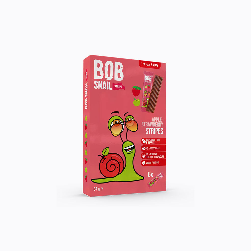 Box of Bob Snail Apple Strawberry Stripes on a white background
