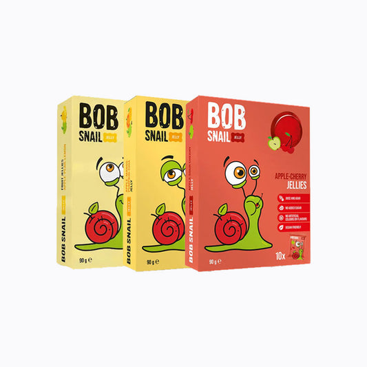 Three boxes of BOB Snail jelly on a white background