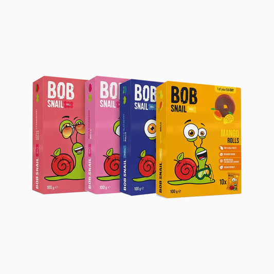 Four colorful boxes of BOB Snail snacks on a white background