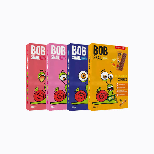 Four colorful boxes of BOB Snail snacks on a white background