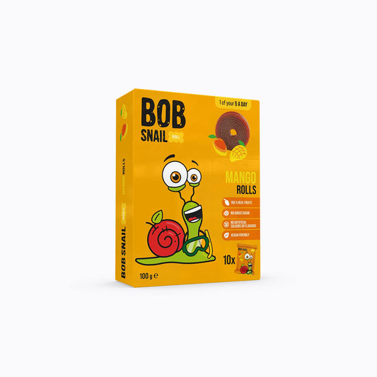 Box of Bob Snail Mango Rolls on a white background