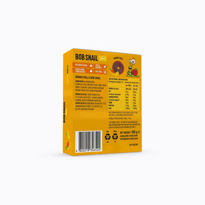 Yellow packaging of Bob Snail mango rolls with text and graphics on a white background