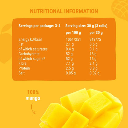 Nutritional information label for mango with yellow background