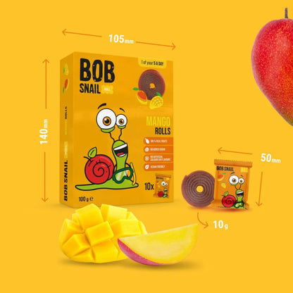 Bob Snail mango rolls packaging with dimensions and a slice of mango on a yellow background