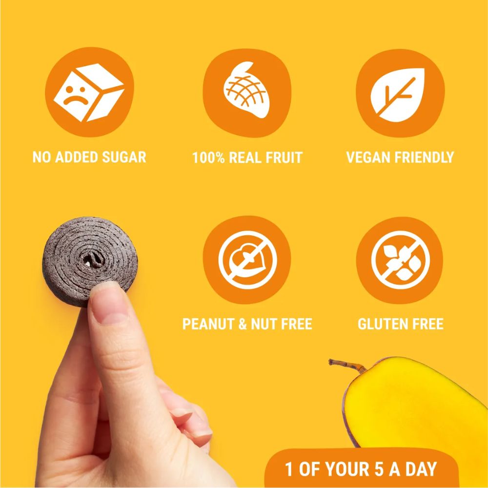 Hand holding a snack roll with health benefits icons and text on a yellow background