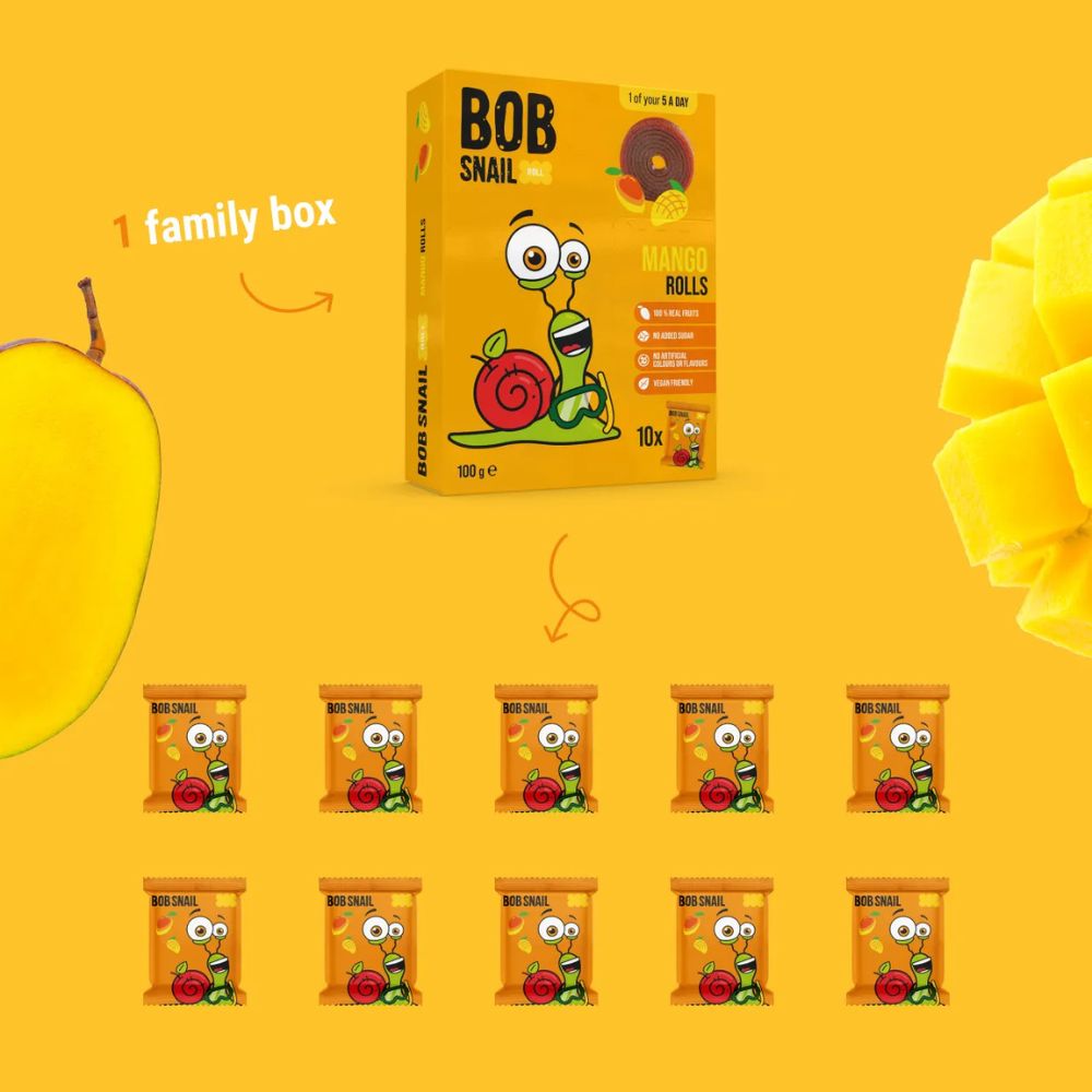 Bob Snail mango rolls family box on a yellow background