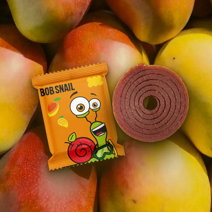 Bob Snail candy package with a candy roll on a background of peaches