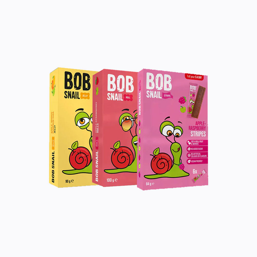 Three colorful boxes of BOB Snail snacks on a white background