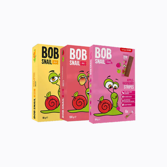 Three colorful boxes of BOB Snail snacks on a white background