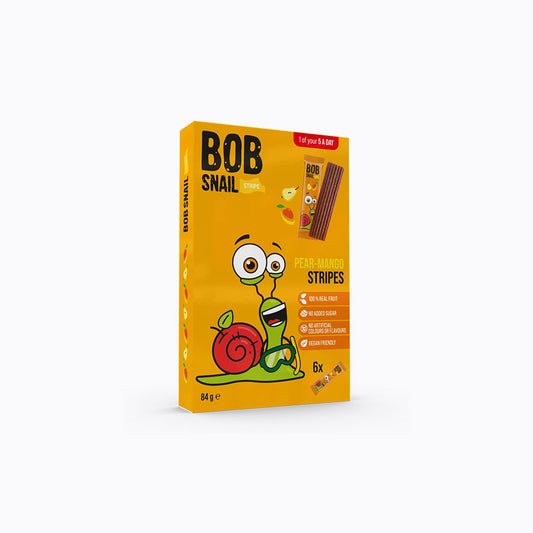 Box of BOB Snail snack sticks with a cartoon snail on an orange background
