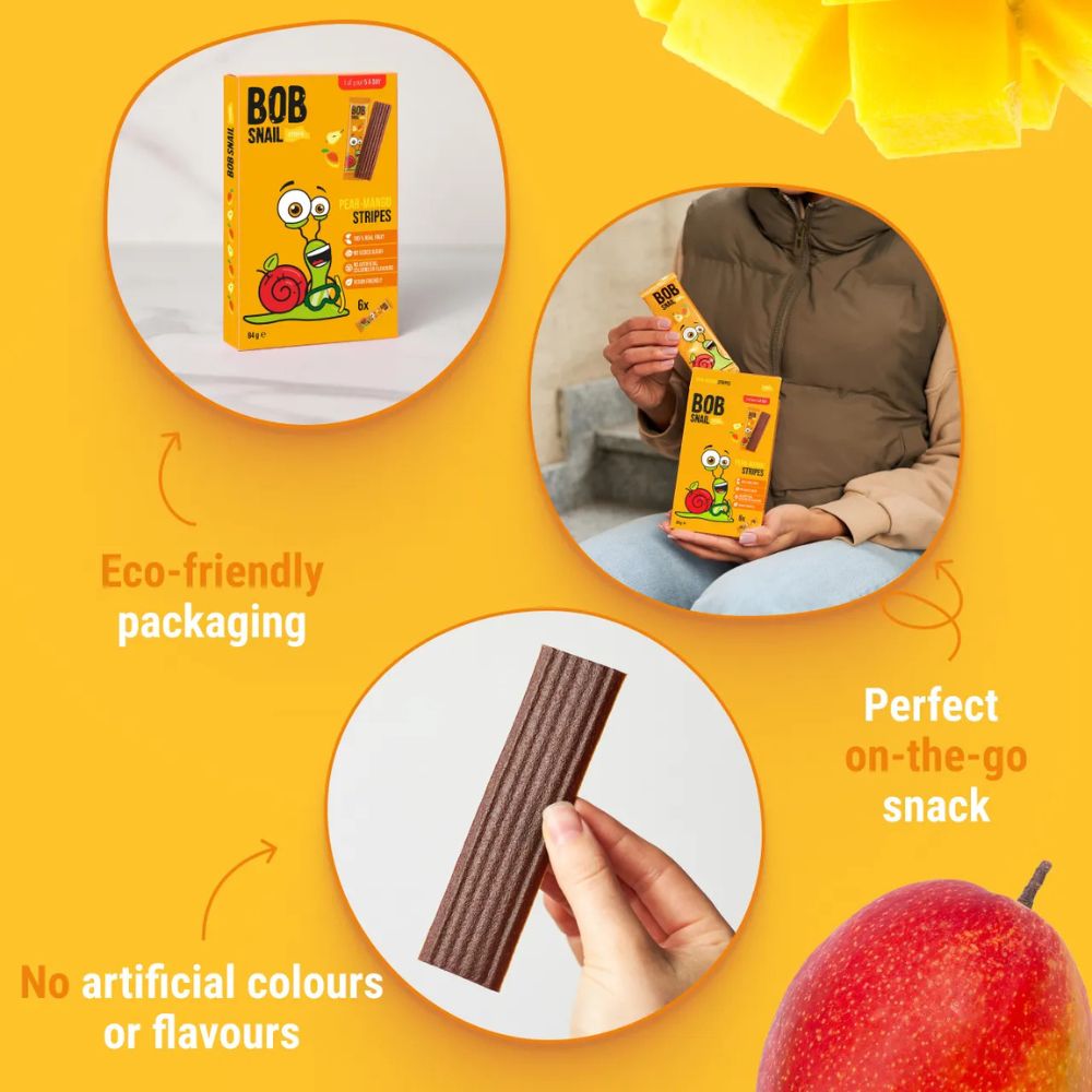 Promotional image of Bob Snack packaging and a snack bar with text highlighting eco-friendly packaging and suitability as a snack.