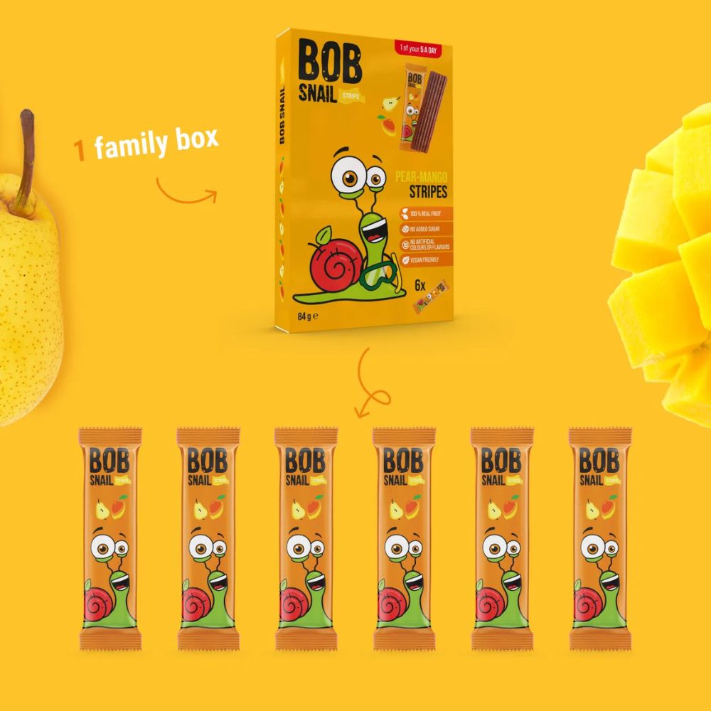 BOB Snail family box with multiple snack packages on a yellow background