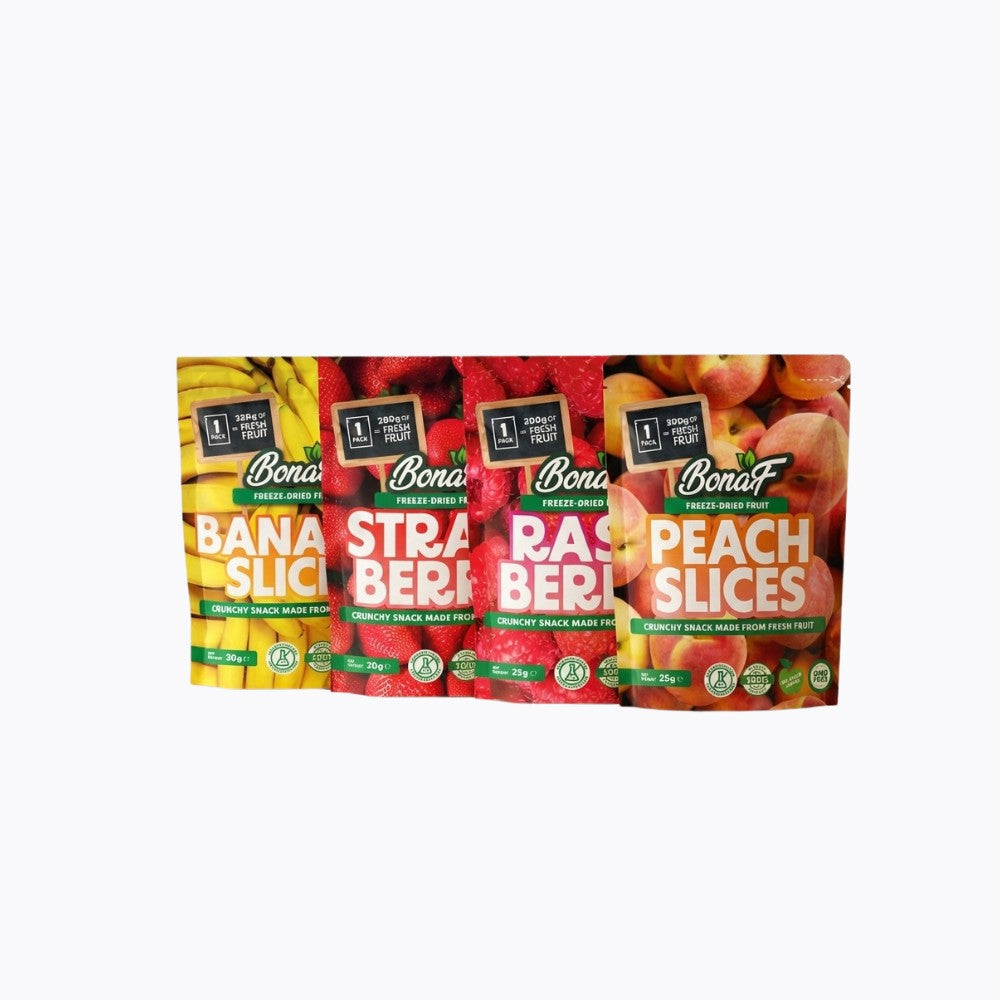Four packages of Bonaf fruit slices on a white background