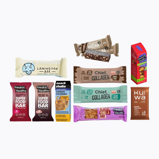 Collection of various health and snack bars on a white background