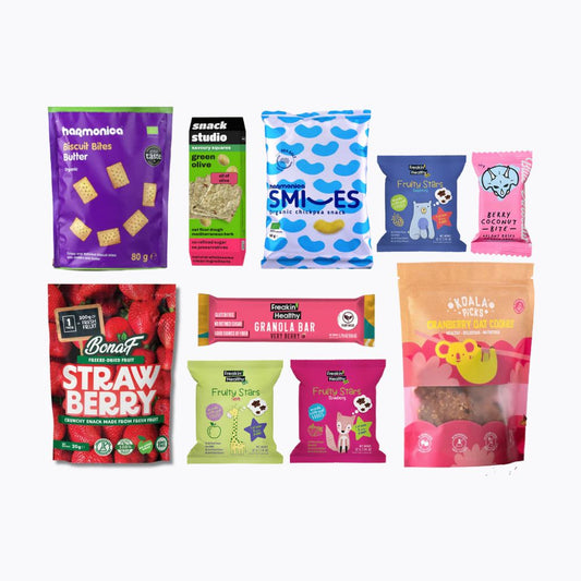 Assorted snack packages on a white background
