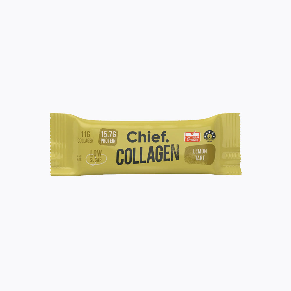 Packaging of Collagen Lemon Tart Protein Bars 45g by Chief. Featuring product information and branding.