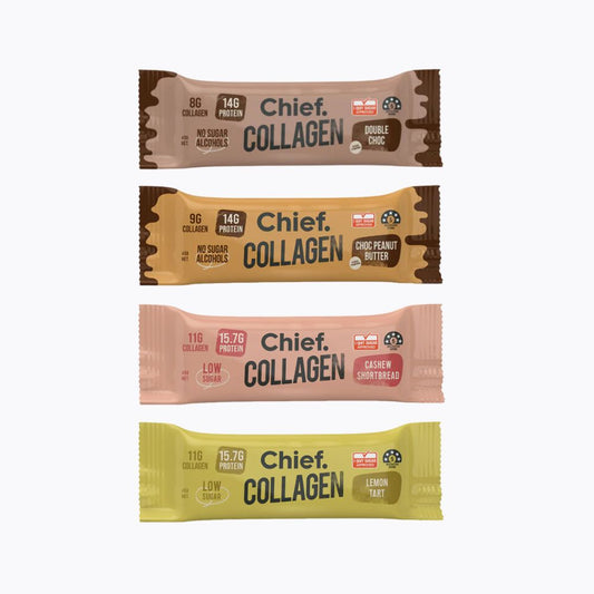 Four packages of Chief Collagen bars in different flavors on a white background