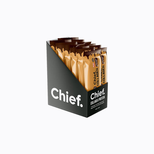 A black retail display box filled with individual collagen protein stick packets in tan and brown packaging, branded Chief, on a clean white background.