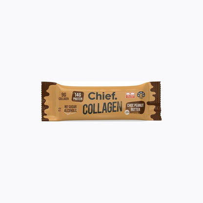 A single wrapped collagen protein bar in a tan and brown wrapper with the brand name 'Chief' and 'COLLAGEN' printed on it, shown on a plain light gray background.