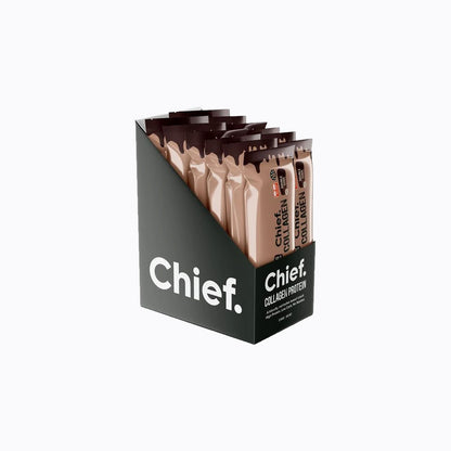 A black retail display box filled with individual collagen protein stick packets, branded Chief. on a clean white background.