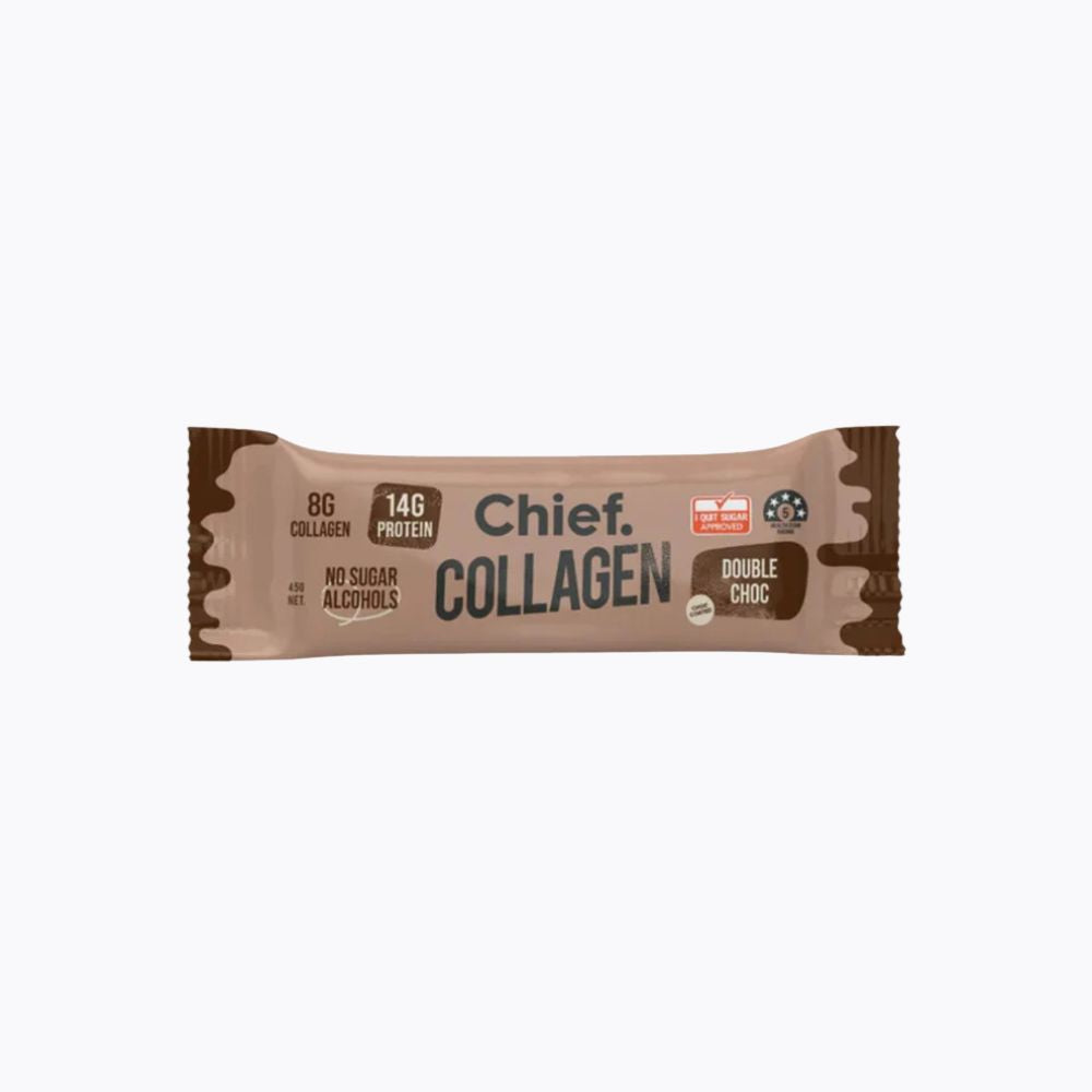 A single Chief Collagen protein bar in its wrapper, shown horizontally against a plain white background. The wrapper is a light brownish-beige color with dark brown chocolate-splatter style borders on the left and right, and the text 'Chief.