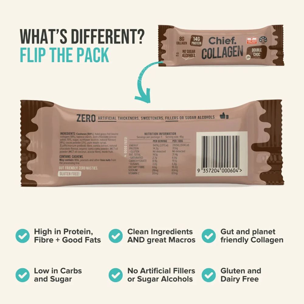 Promotional product graphic for a collagen snack bar showing the front and back of the wrapper, with text explaining pack flipping and product benefits. The wrapper is brown and beige with printed nutrition facts and a barcode.