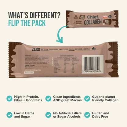 Promotional product graphic for a collagen snack bar showing the front and back of the wrapper, with text explaining pack flipping and product benefits. The wrapper is brown and beige with printed nutrition facts and a barcode.
