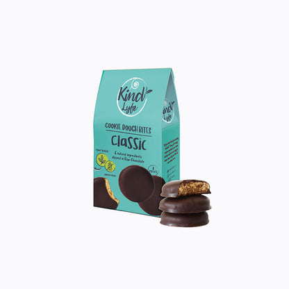 Kind Lyfe Cookie Dough Bites packaging with cookies on a white background