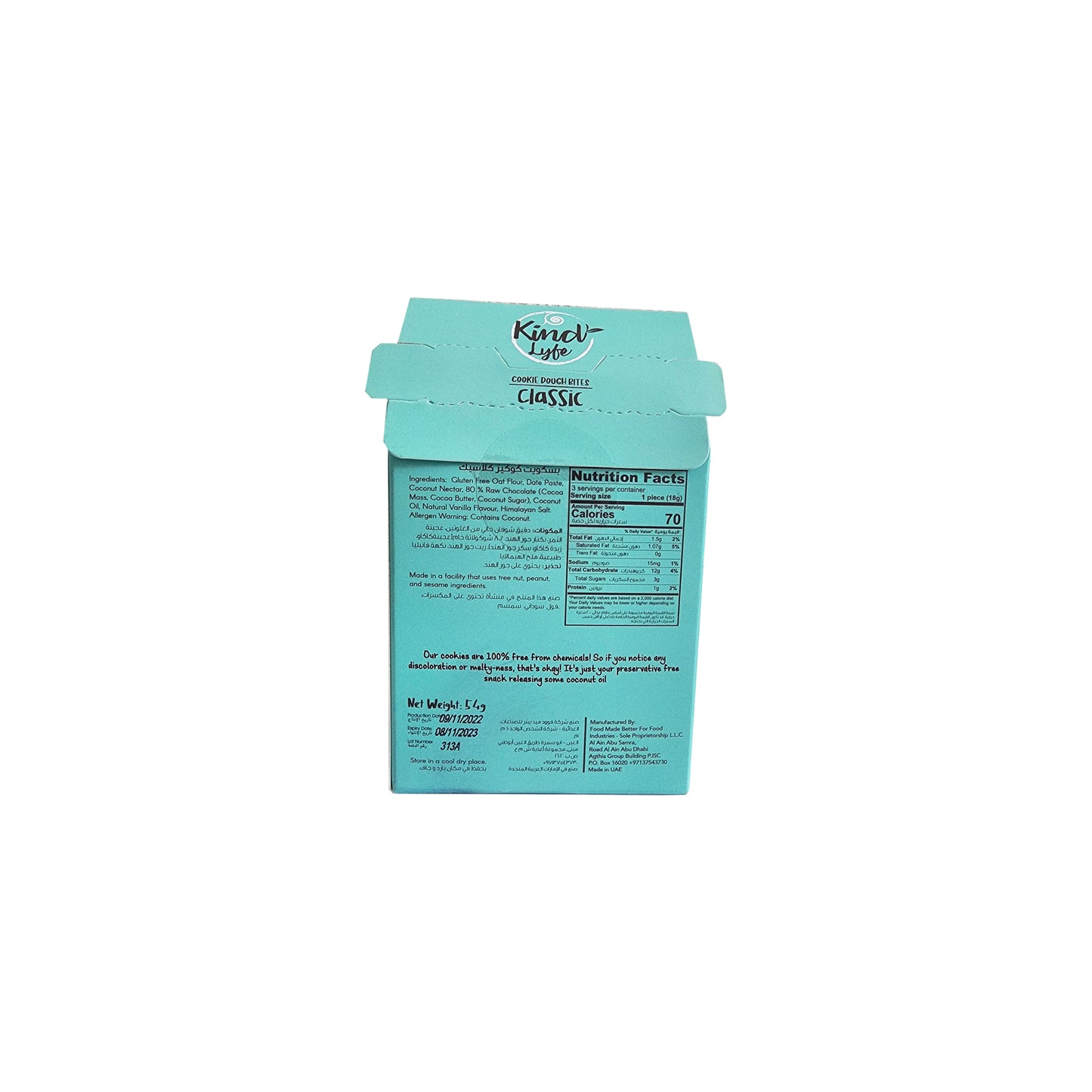 Teal package with text on a white background