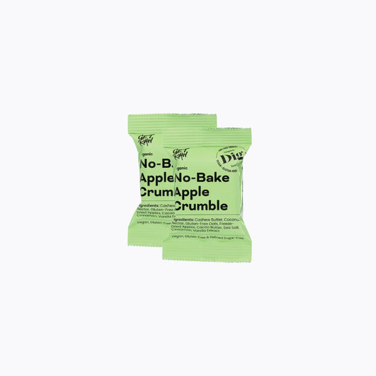 Green package of No-Bake Apple Crumble on a white background