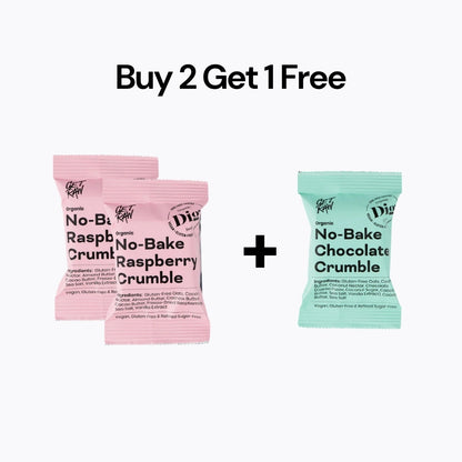 Two pink packages of 'No-Bake Raspberry Crumble' and one green package of 'No-Bake Chocolate Crumble' with a 'Buy 2 Get 1 Free' offer on a white background.